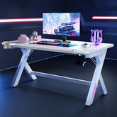 Gaming Desk Computer Desk with LED Lights Sturdy Small Desk Ergonomic PC Gaming Table Workstation with Cup Holder Headphone Hook Cable Box