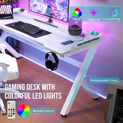 AZN Gaming Desk, Gaming Desk w/LED Lights & Carbon Fiber Desktop, Home Office Desks w/Ergonomic Design, Computer Desks w/Cup Holder, Headphone Holder, Cable Organizer