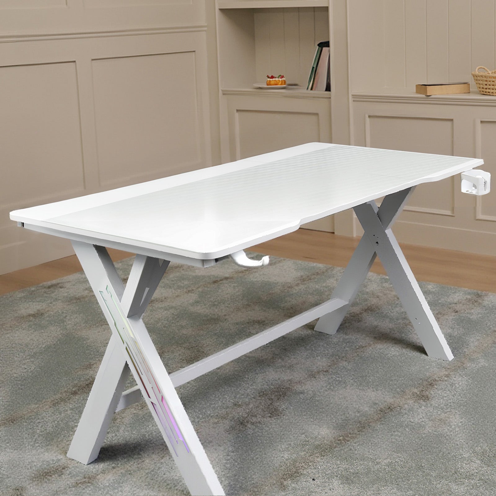 Gaming Desk Computer Desk with LED Lights Sturdy Small Desk Ergonomic PC Gaming Table Workstation with Cup Holder Headphone Hook Cable Box