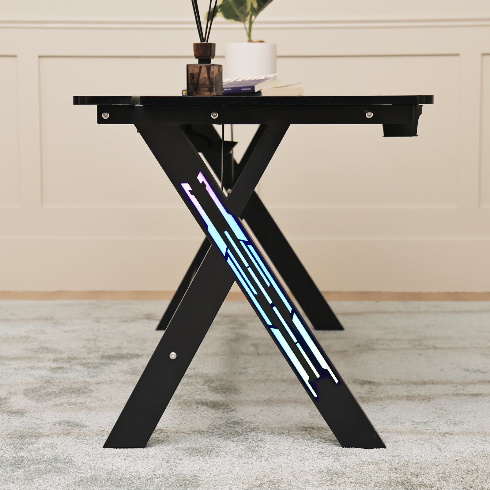 Gaming Desk Computer Desk with LED Lights Sturdy Small Desk Ergonomic PC Gaming Table Workstation with Cup Holder Headphone Hook Cable Box