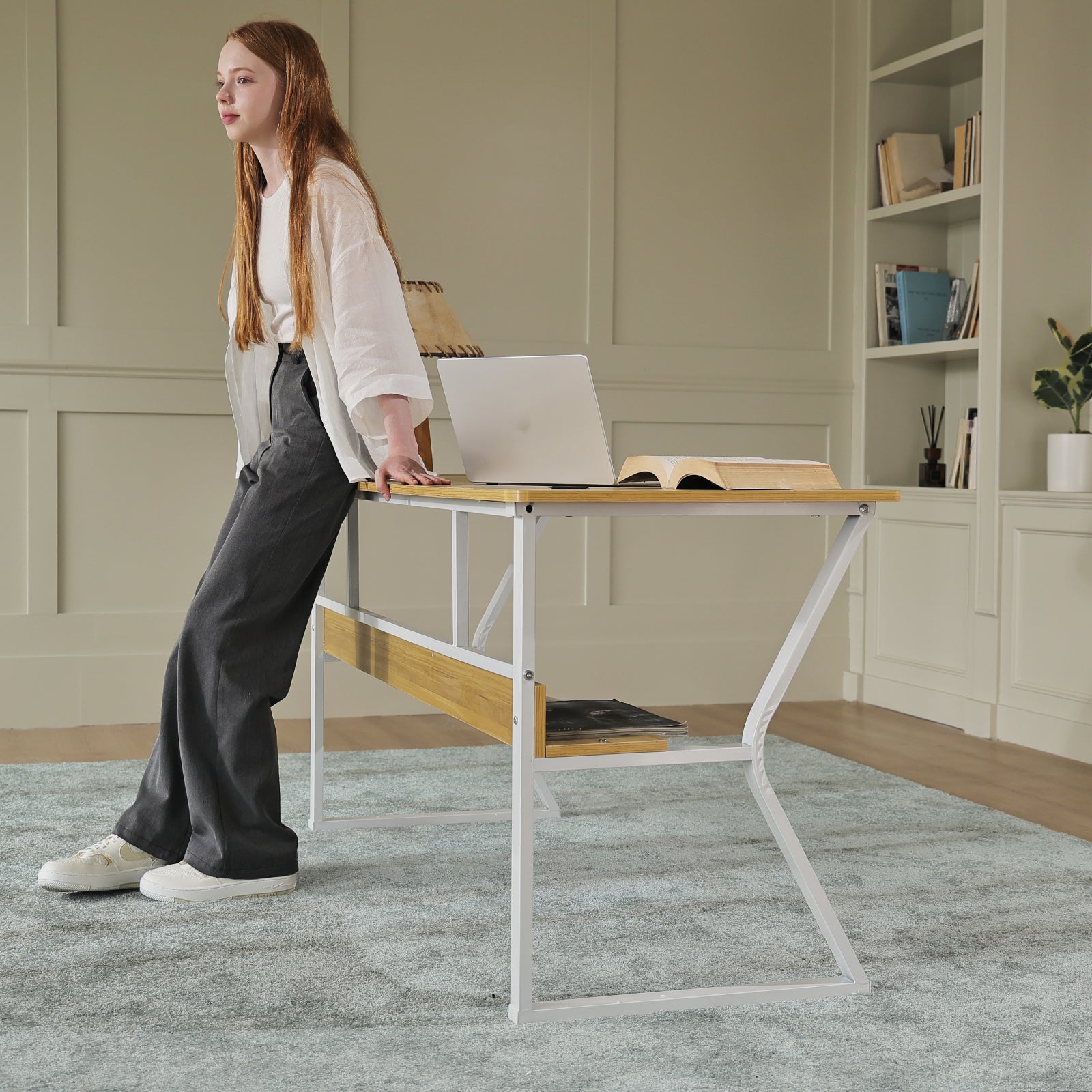 AZN Gaming Desk, 47/55'' Computer Desk, Gaming Desk w/LED Lights & Carbon Fiber Desktop, Home Office Desks w/Ergonomic Design, Computer Desks w/Cup Holder, Headphone Holder, Cable Organizer