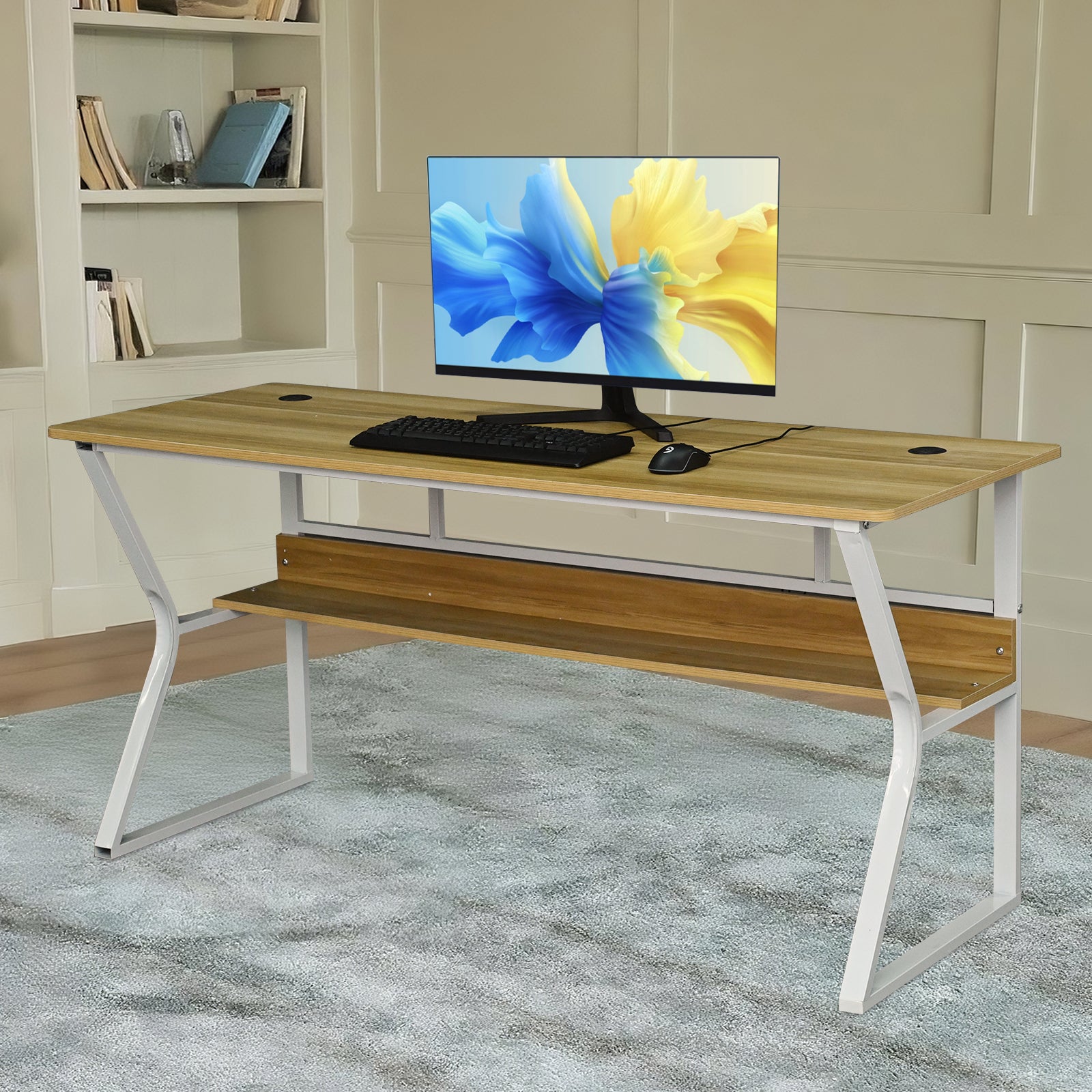 AZN Gaming Desk, 47/55'' Computer Desk, Gaming Desk w/LED Lights & Carbon Fiber Desktop, Home Office Desks w/Ergonomic Design, Computer Desks w/Cup Holder, Headphone Holder, Cable Organizer