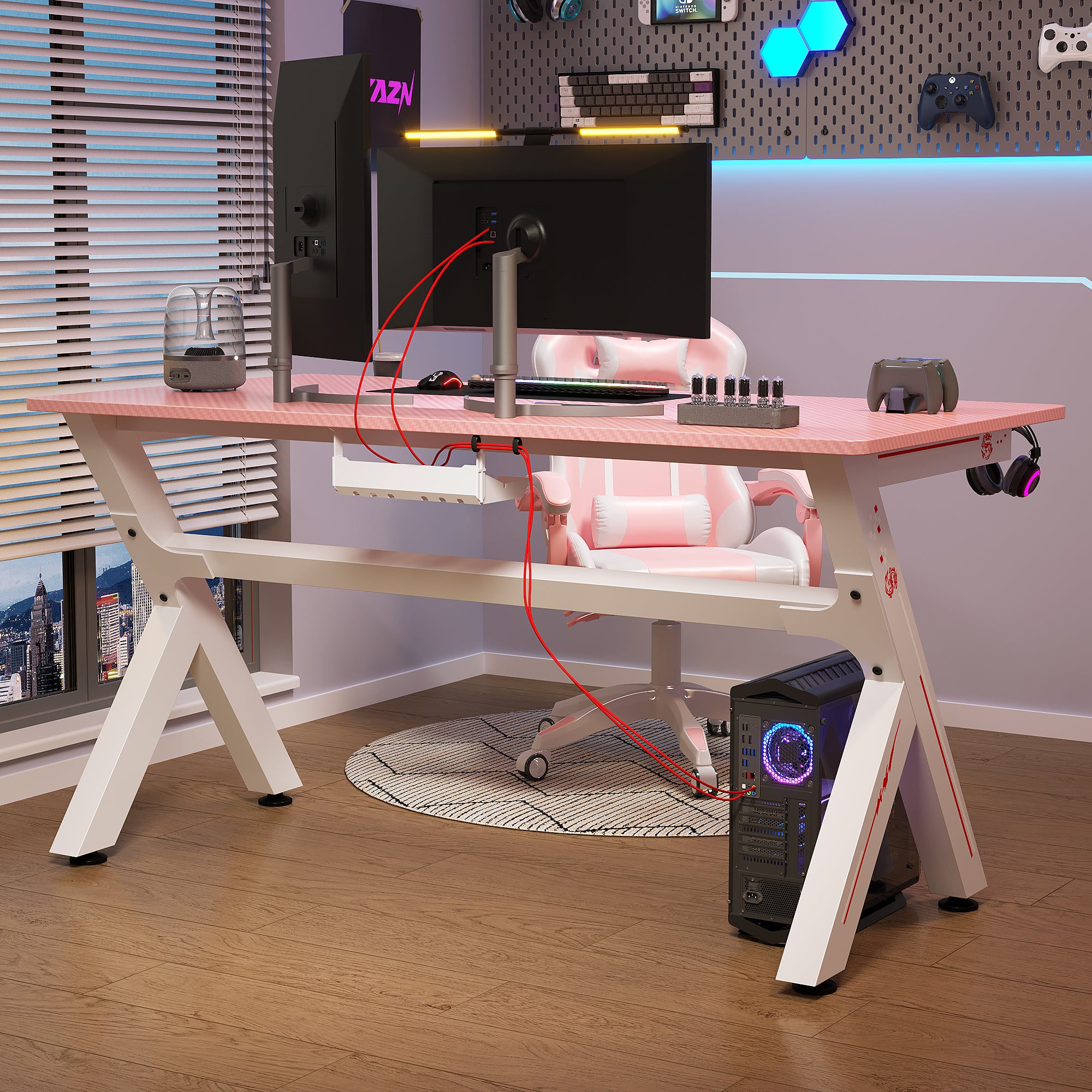 AZN Gaming Desk, Gaming Desk w/Carbon Fiber Desktop & 3D-Printed Relief Patterns, Home Office Desks w/Ergonomic Design, Computer Desks w/Cup & Headphone Holder, Cable Organizer