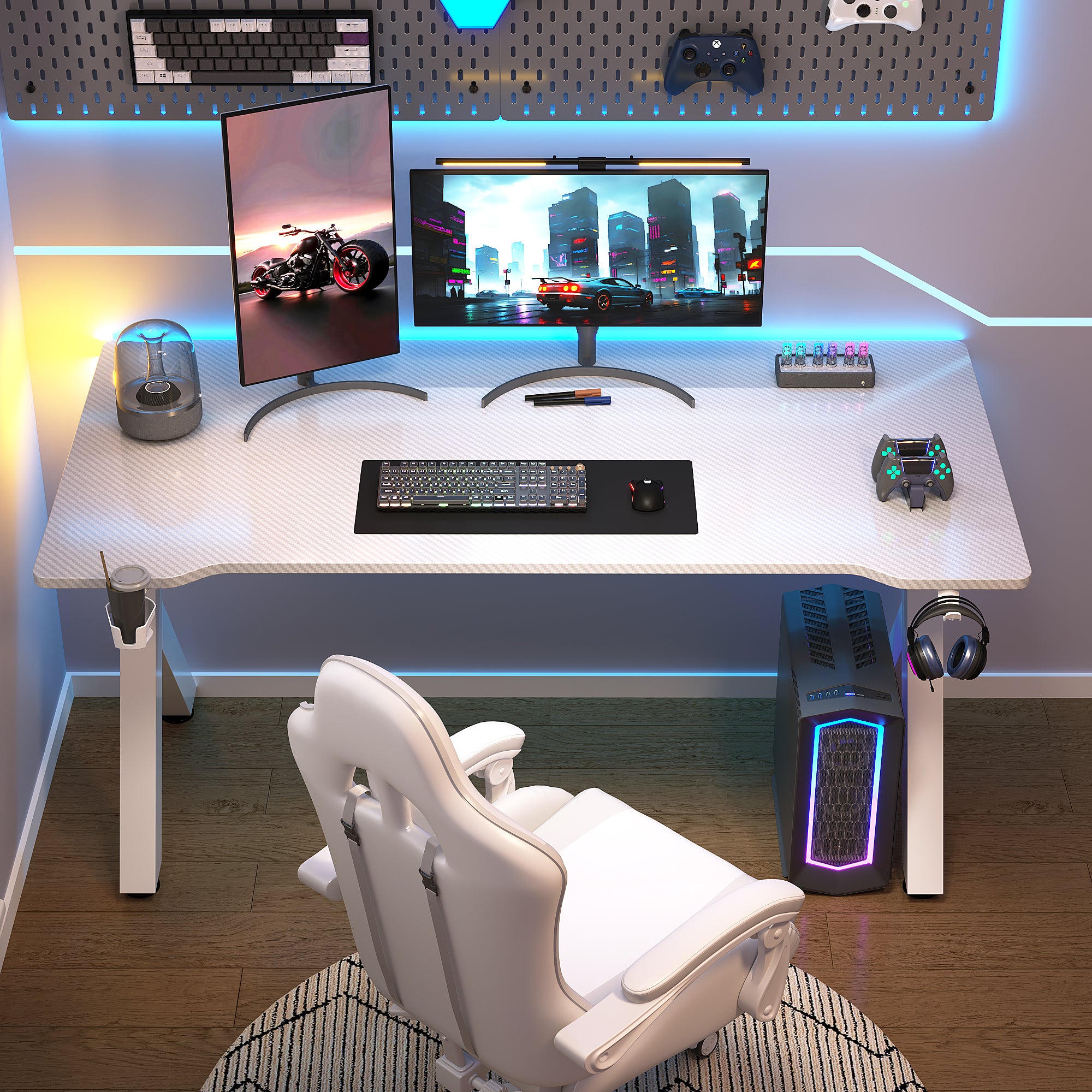 AZN Gaming Desk, Gaming Desk w/Carbon Fiber Desktop & 3D-Printed Relief Patterns, Home Office Desks w/Ergonomic Design, Computer Desks w/Cup & Headphone Holder, Cable Organizer