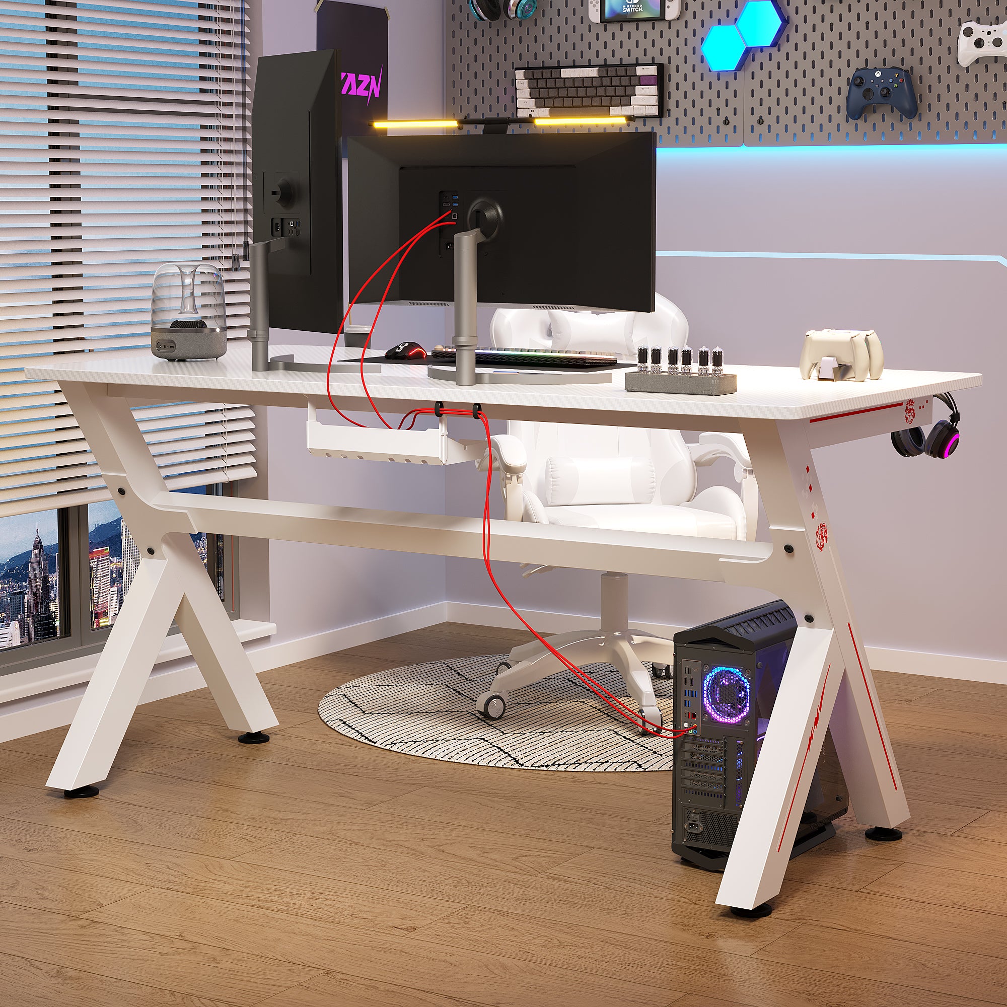 AZN Gaming Desk, Gaming Desk w/Carbon Fiber Desktop & 3D-Printed Relief Patterns, Home Office Desks w/Ergonomic Design, Computer Desks w/Cup & Headphone Holder, Cable Organizer