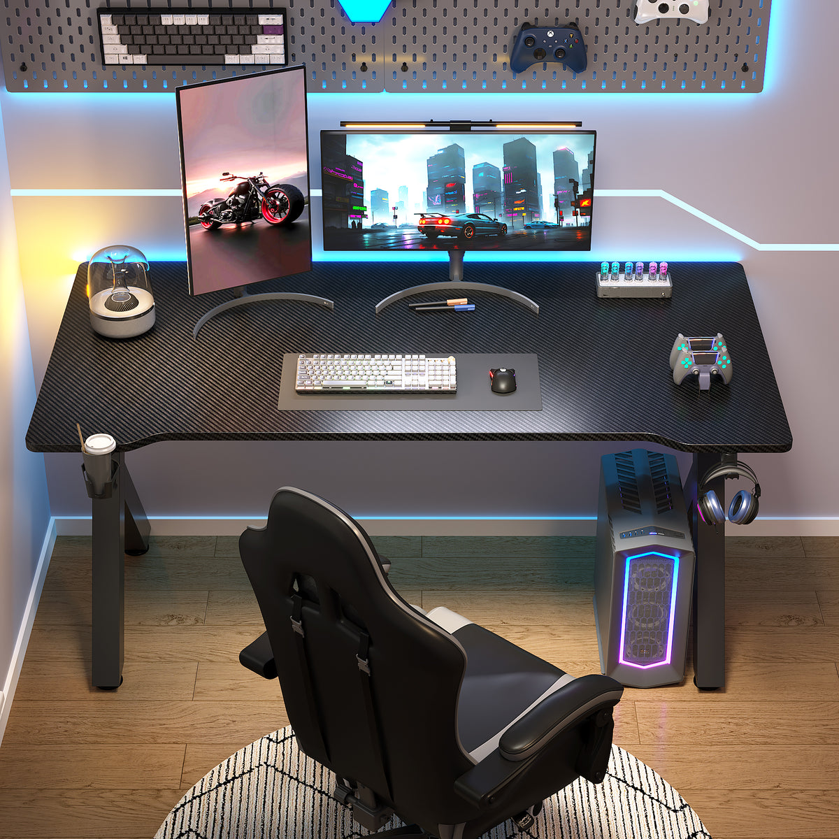 AZN Gaming Desk, Gaming Desk w/Carbon Fiber Desktop & 3D-Printed Relief Patterns, Home Office Desks w/Ergonomic Design, Computer Desks w/Cup & Headphone Holder, Cable Organizer