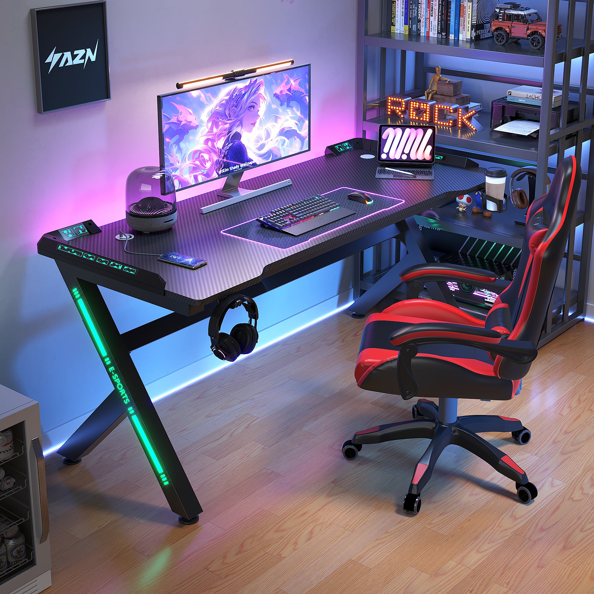 AZN Gaming Desk, Gaming Desk w/LED Lights & Carbon Fiber Desktop, Home Office Desks w/Ergonomic Design, Computer Desks w/Cup Holder, Headphone Holder, Cable Organizer