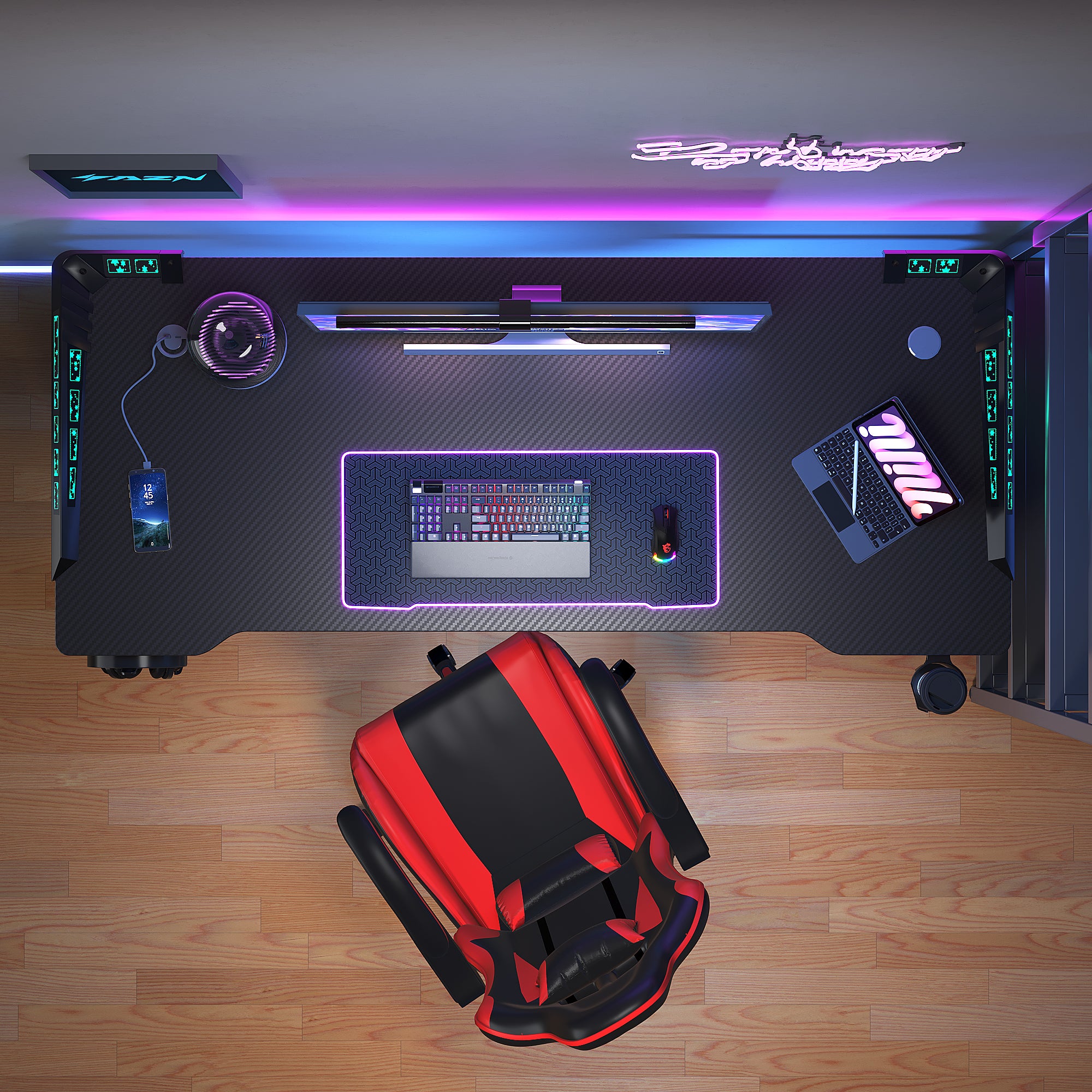 AZN Gaming Desk, Gaming Desk w/LED Lights & Carbon Fiber Desktop, Home Office Desks w/Ergonomic Design, Computer Desks w/Cup Holder, Headphone Holder, Cable Organizer