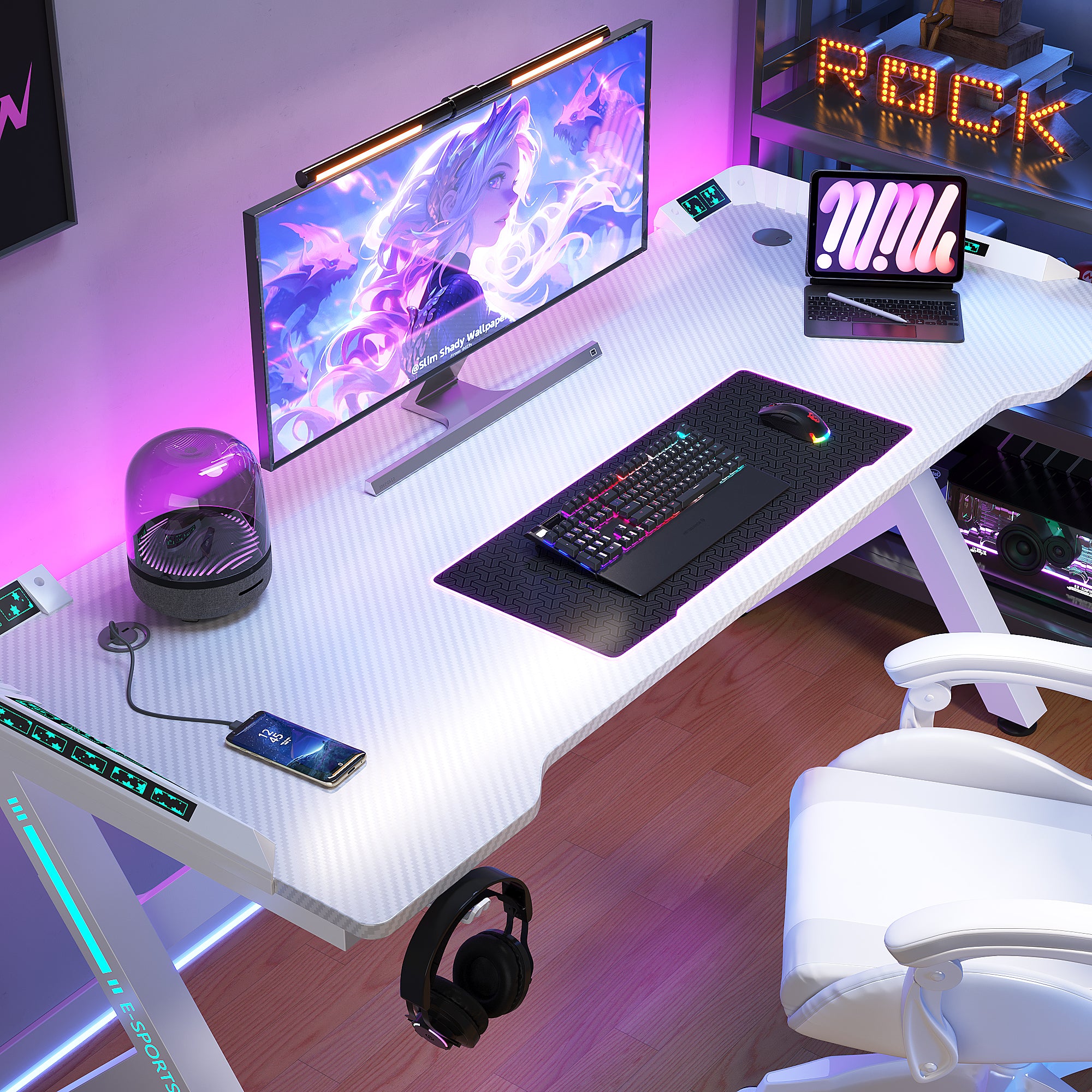 AZN Gaming Desk, Gaming Desk w/LED Lights & Carbon Fiber Desktop, Home Office Desks w/Ergonomic Design, Computer Desks w/Cup Holder, Headphone Holder, Cable Organizer