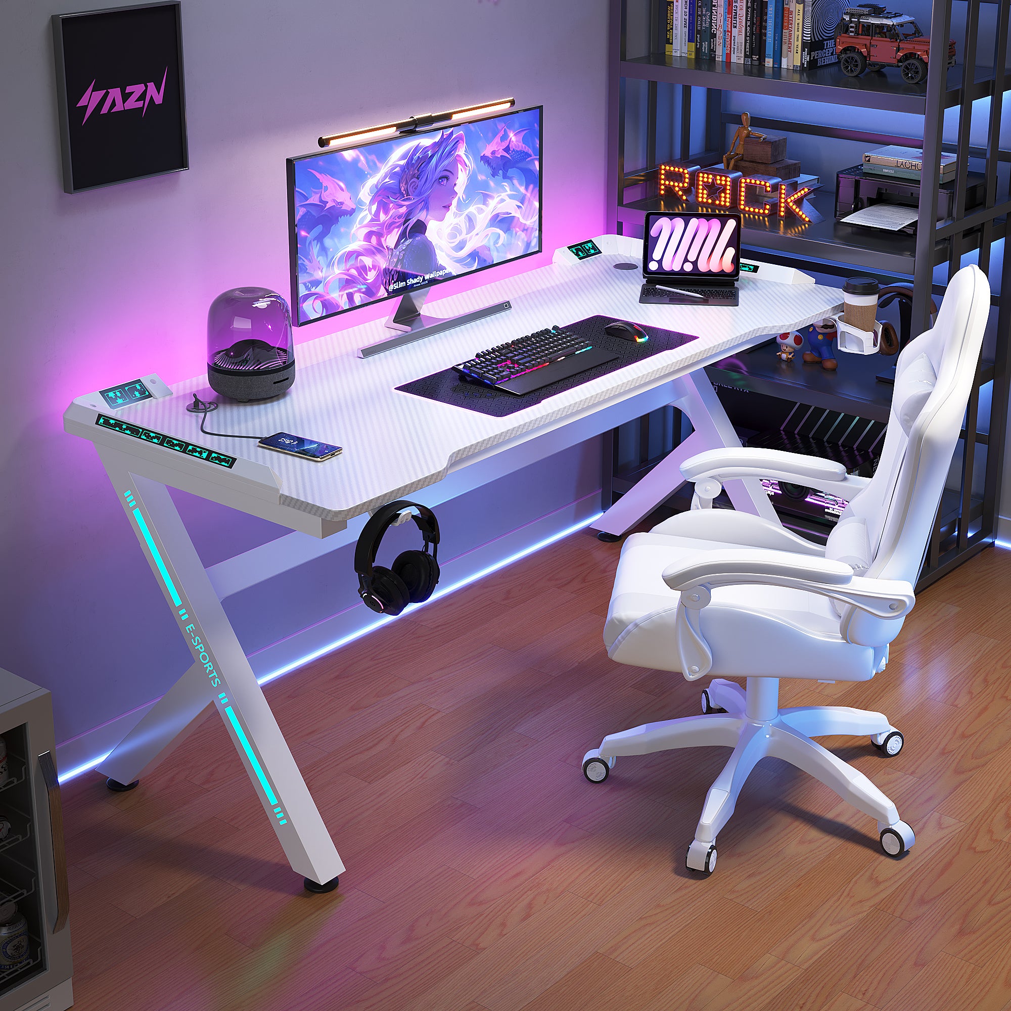 AZN Gaming Desk, Gaming Desk w/LED Lights & Carbon Fiber Desktop, Home Office Desks w/Ergonomic Design, Computer Desks w/Cup Holder, Headphone Holder, Cable Organizer