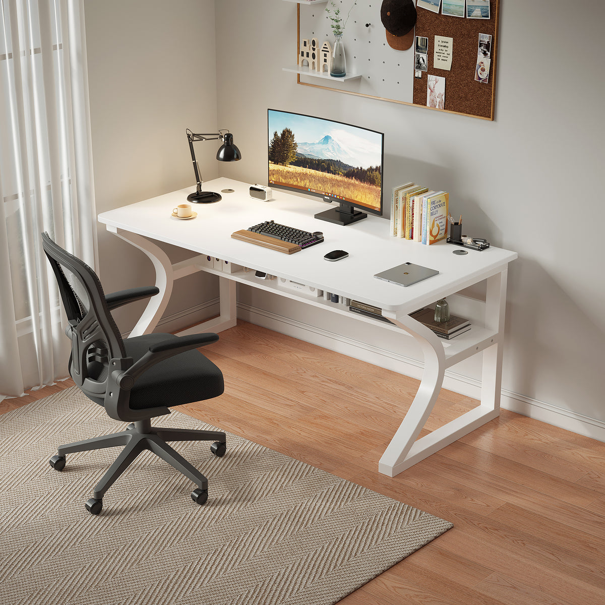 AZN Gaming Desk, 47/55'' Computer Desk, Gaming Desk w/LED Lights & Carbon Fiber Desktop, Home Office Desks w/Ergonomic Design, Computer Desks w/Cup Holder, Headphone Holder, Cable Organizer