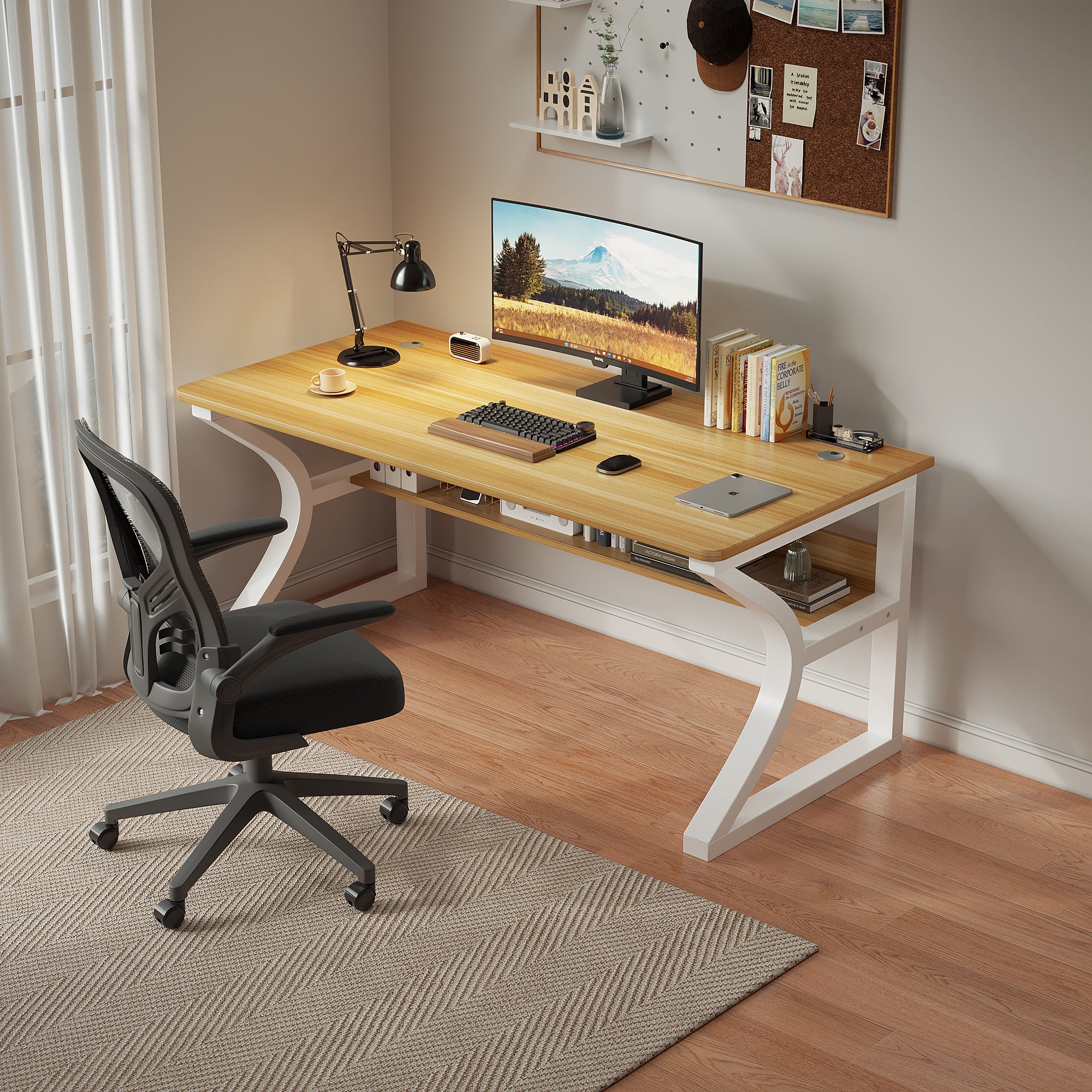 AZN Gaming Desk, 47/55'' Computer Desk, Gaming Desk w/LED Lights & Carbon Fiber Desktop, Home Office Desks w/Ergonomic Design, Computer Desks w/Cup Holder, Headphone Holder, Cable Organizer