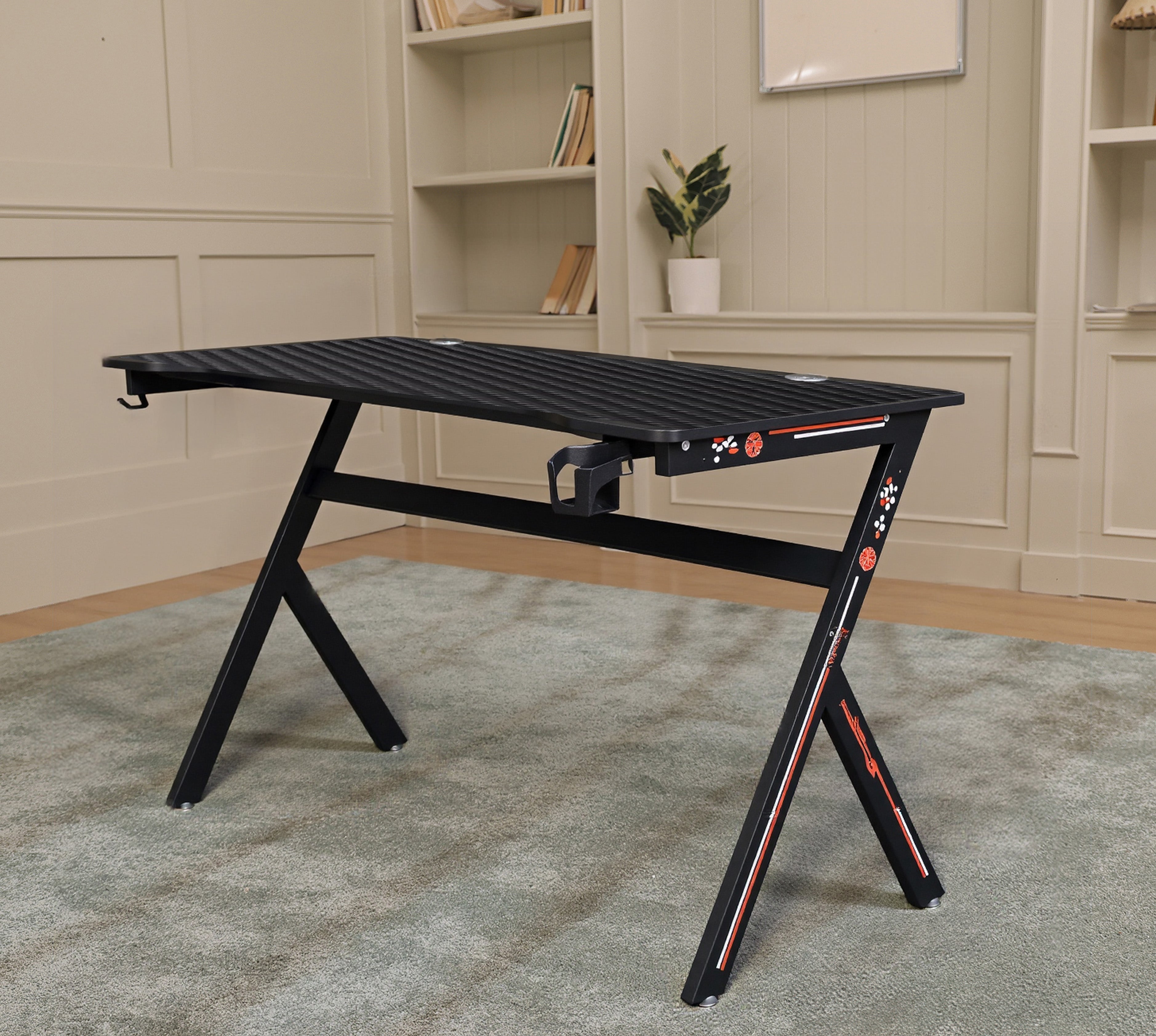 AZN Gaming Desk, Gaming Desk w/Carbon Fiber Desktop & 3D-Printed Relief Patterns, Home Office Desks w/Ergonomic Design, Computer Desks w/Cup & Headphone Holder, Cable Organizer