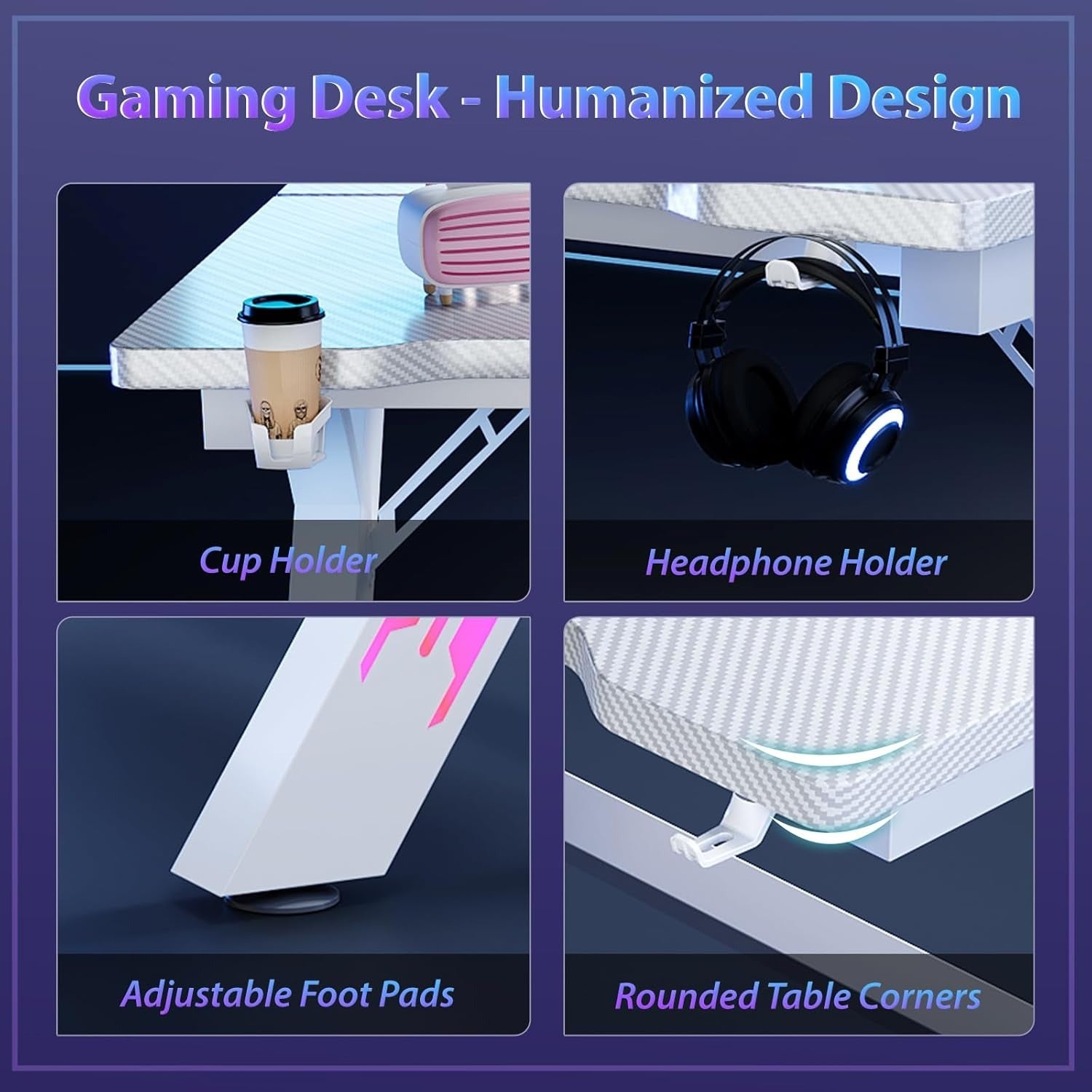 Gaming Desk Computer Desk with LED Lights Sturdy Small Desk Ergonomic PC Gaming Table Workstation with Cup Holder Headphone Hook Cable Box