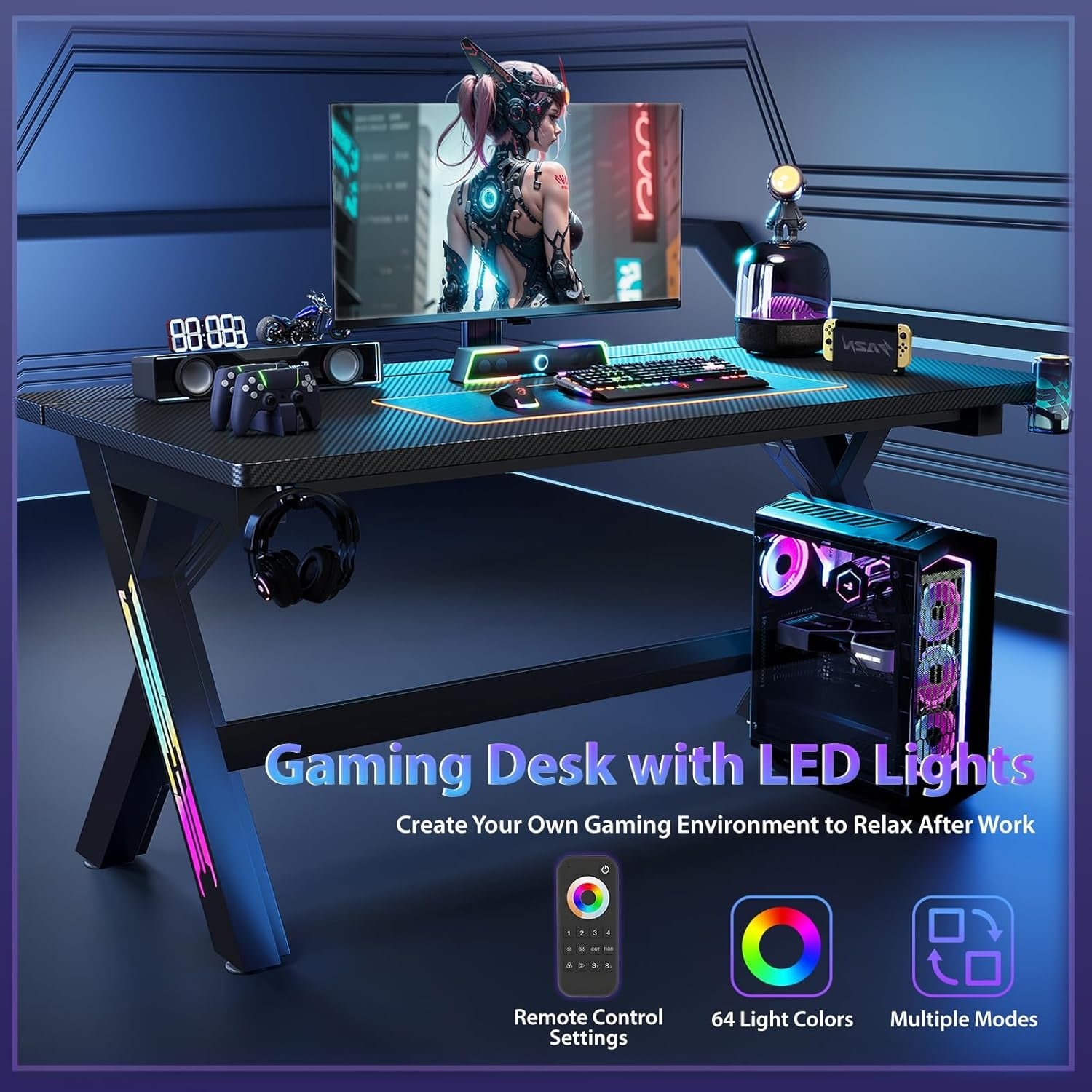 Gaming Desk Computer Desk with LED Lights Sturdy Small Desk Ergonomic PC Gaming Table Workstation with Cup Holder Headphone Hook Cable Box