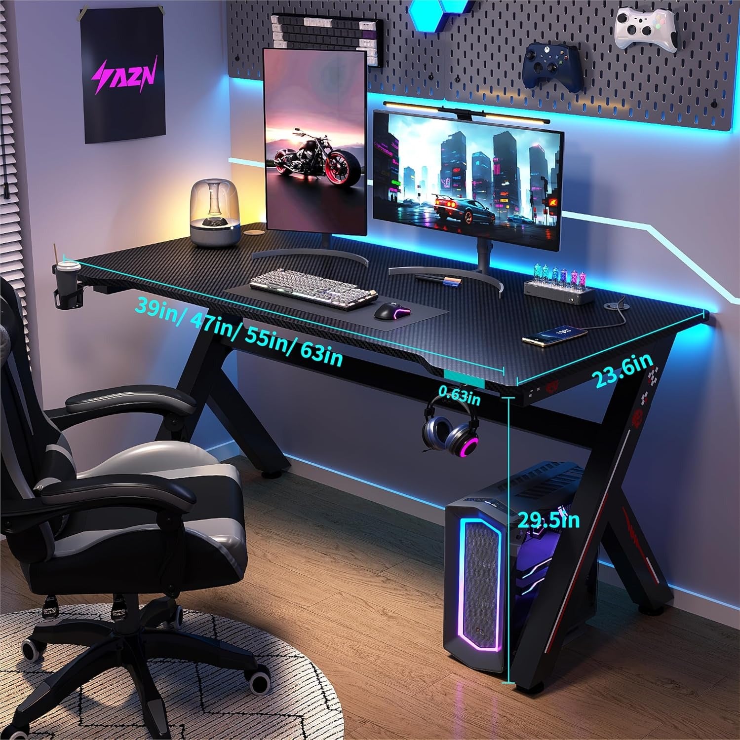 AZN Gaming Desk, Gaming Desk w/Carbon Fiber Desktop & 3D-Printed Relief Patterns, Home Office Desks w/Ergonomic Design, Computer Desks w/Cup & Headphone Holder, Cable Organizer