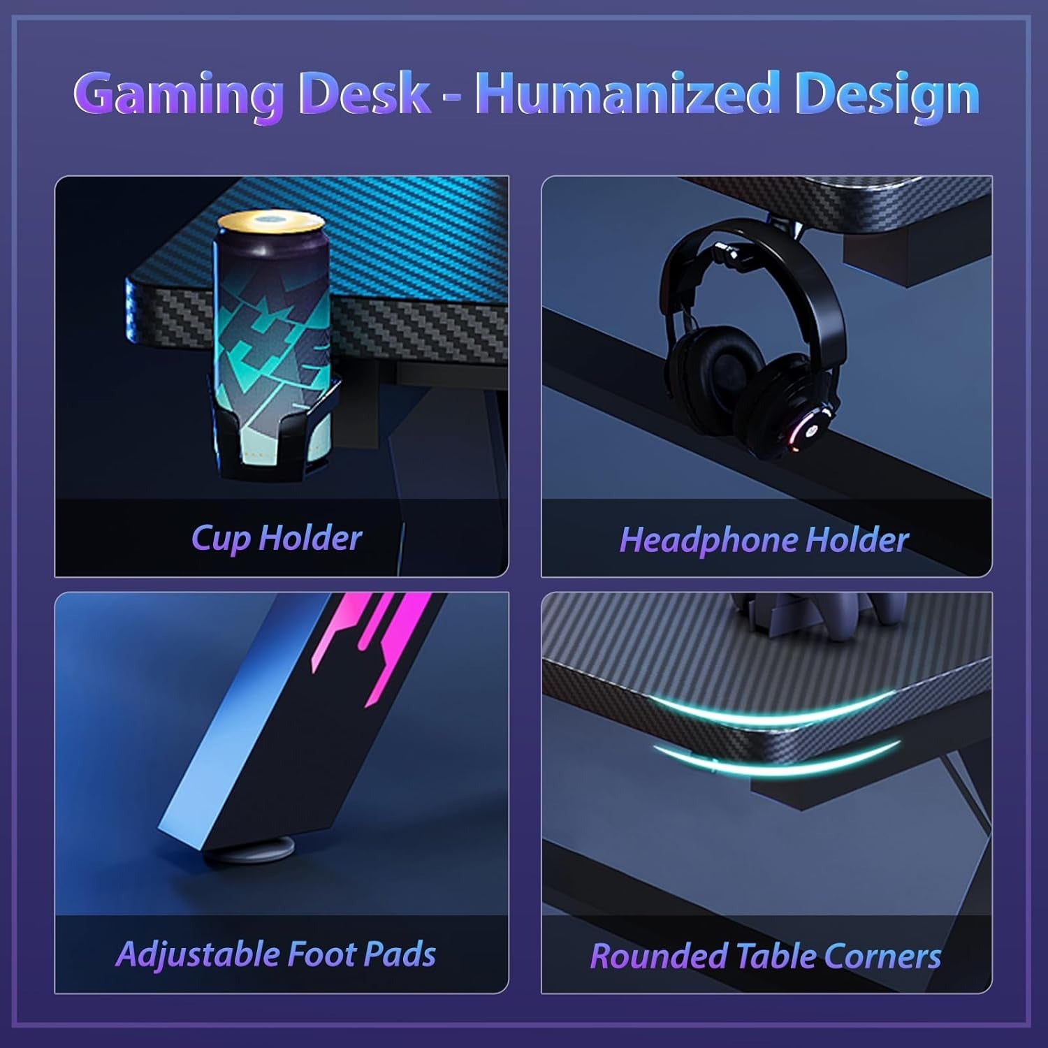AZN Gaming Desk, Gaming Desk w/LED Lights & Carbon Fiber Desktop, Home Office Desks w/Ergonomic Design, Computer Desks w/Cup Holder, Headphone Holder, Cable Organizer