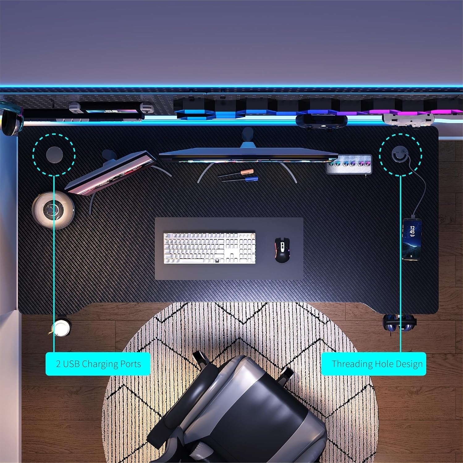 AZN Gaming Desk, Gaming Desk w/LED Lights & Carbon Fiber Desktop, Home Office Desks w/Ergonomic Design, Computer Desks w/Cup Holder, Headphone Holder, Cable Organizer
