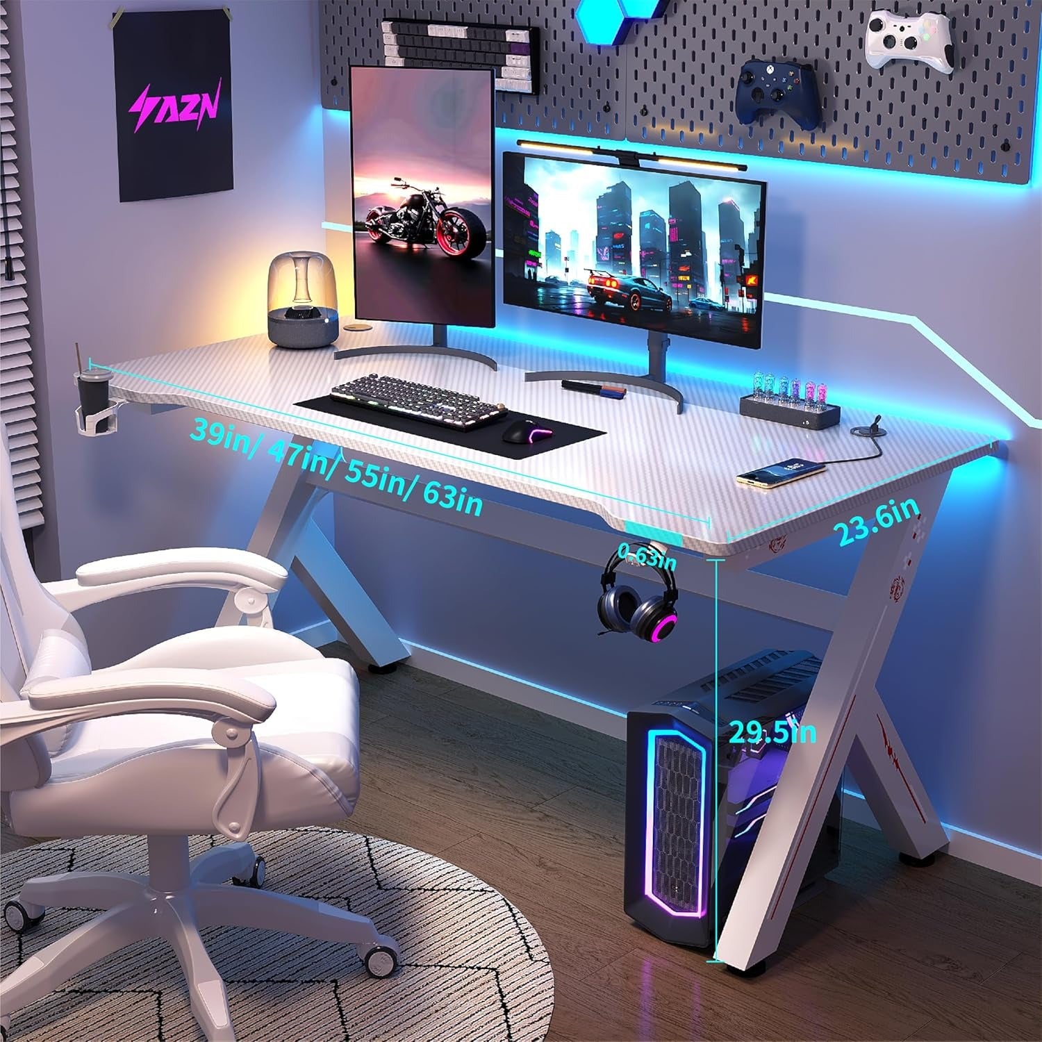 AZN Gaming Desk, Gaming Desk w/Carbon Fiber Desktop & 3D-Printed Relief Patterns, Home Office Desks w/Ergonomic Design, Computer Desks w/Cup & Headphone Holder, Cable Organizer