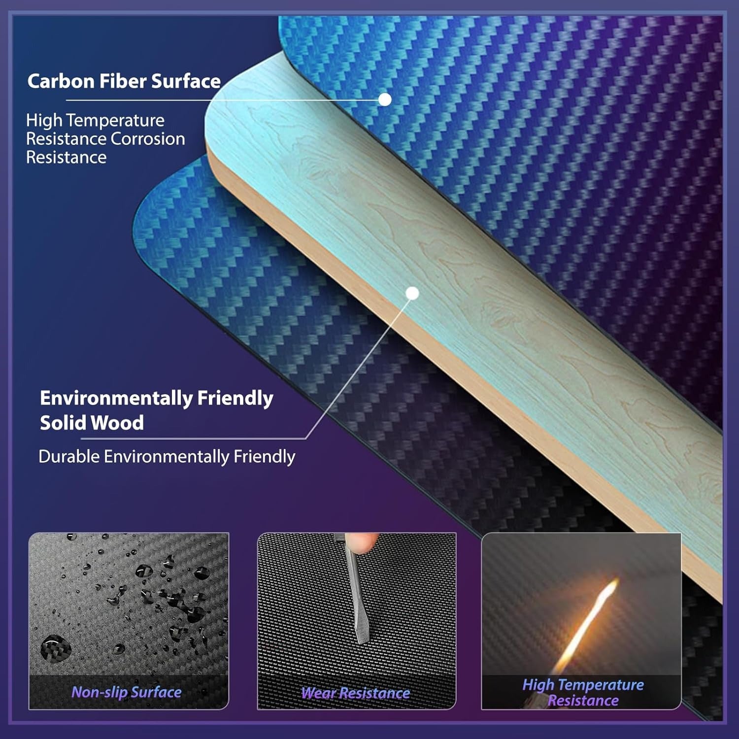 AZN Gaming Desk, Gaming Desk w/LED Lights & Carbon Fiber Desktop, Home Office Desks w/Ergonomic Design, Computer Desks w/Cup Holder, Headphone Holder, Cable Organizer