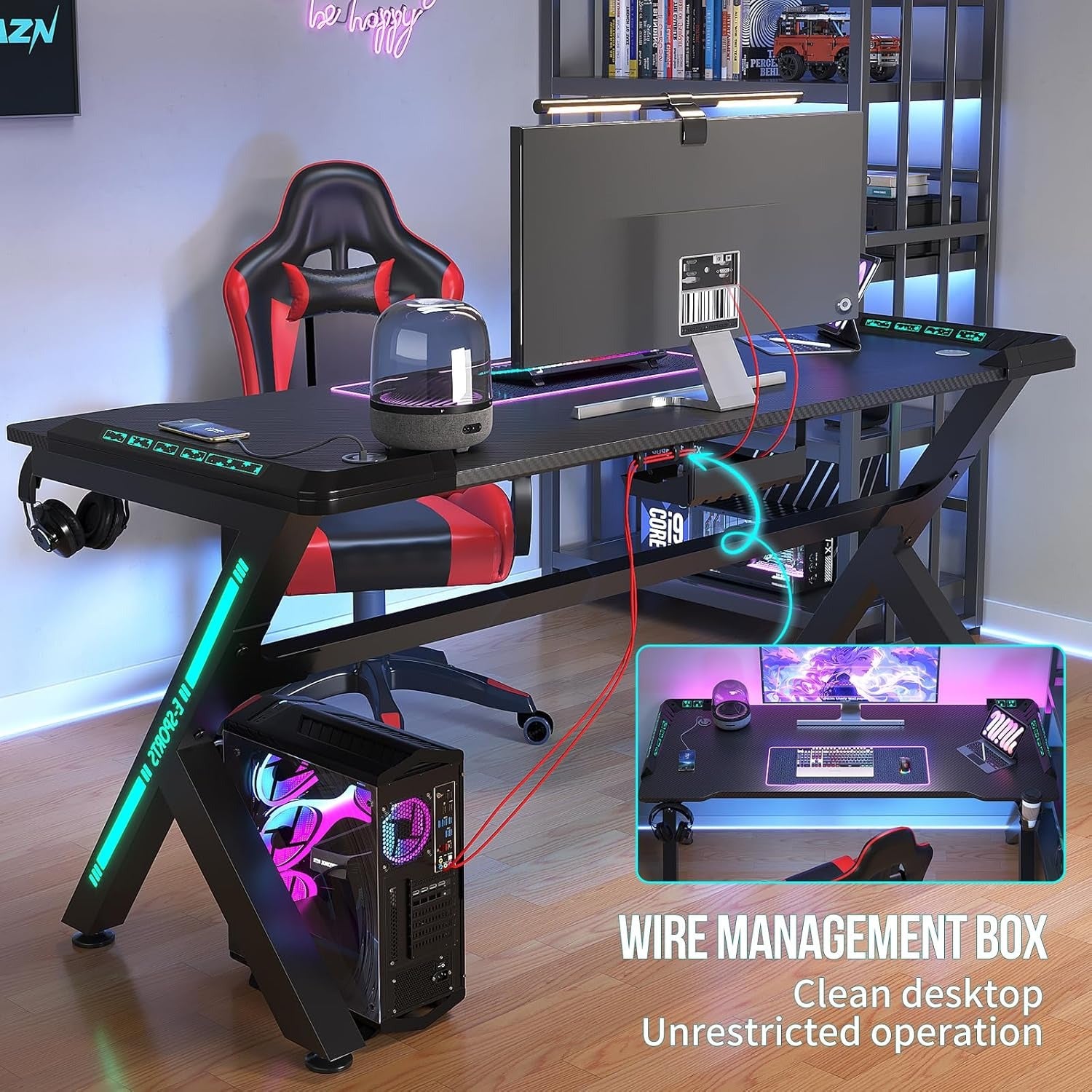 AZN Gaming Desk, Gaming Desk w/LED Lights & Carbon Fiber Desktop, Home Office Desks w/Ergonomic Design, Computer Desks w/Cup Holder, Headphone Holder, Cable Organizer