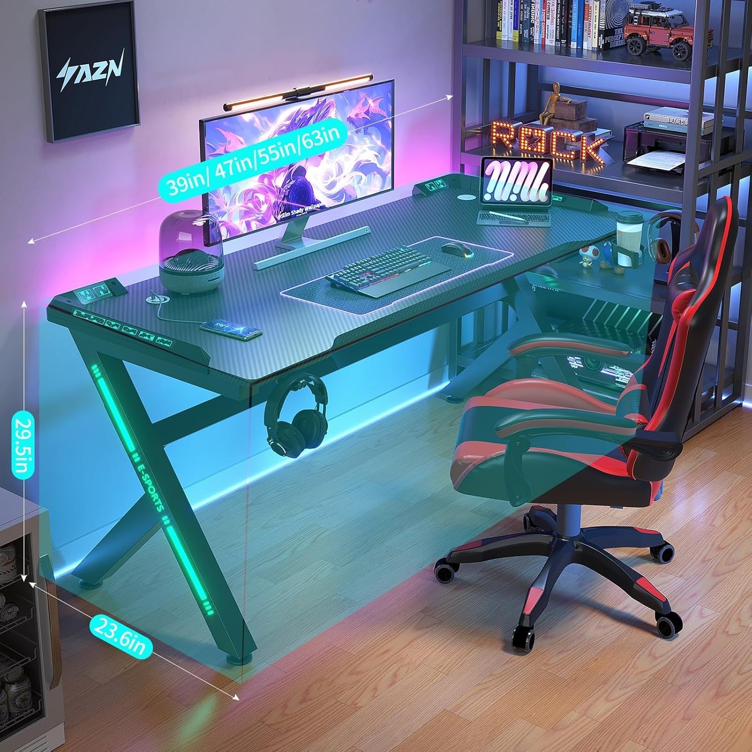 AZN Gaming Desk, Gaming Desk w/LED Lights & Carbon Fiber Desktop, Home Office Desks w/Ergonomic Design, Computer Desks w/Cup Holder, Headphone Holder, Cable Organizer